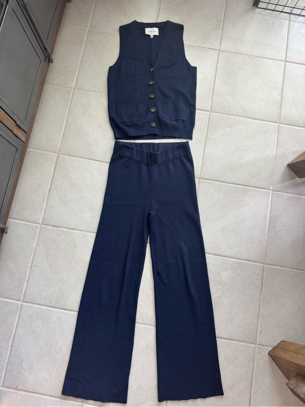 Pink Rose Navy Knit Vest and Wide-Leg Pants Set Sz Small